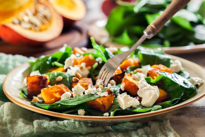 A plate of pumkin feta salad